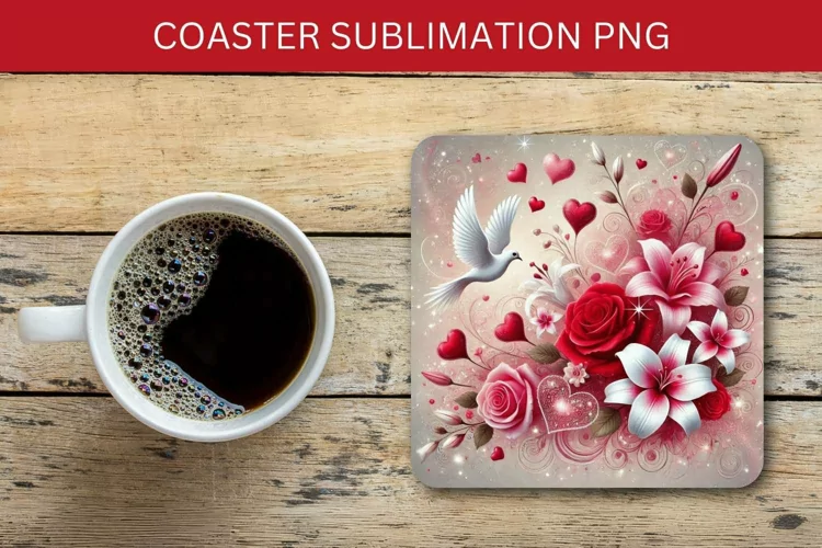 valentine square coaster - roses and dove