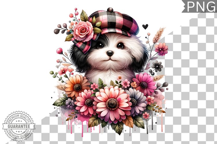 Dog With Flowers Sublimation - Clipart PNG Design