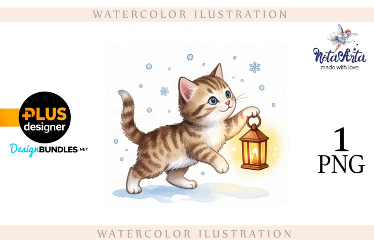 Christmas Kitten in Watercolor Style example image 1