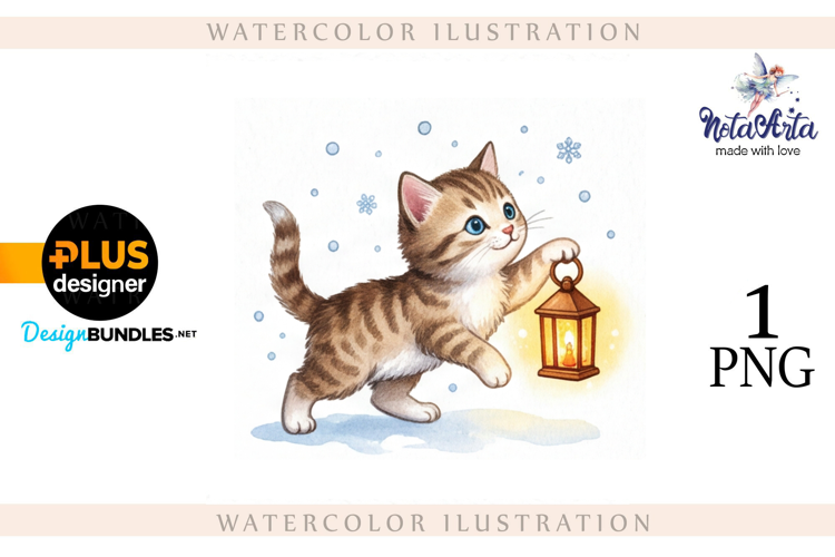 Christmas Kitten in Watercolor Style