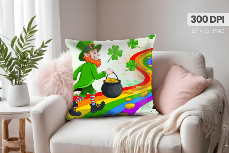 Leprechaun on Rainbow Road with Gold Pillow PNG Sublimation