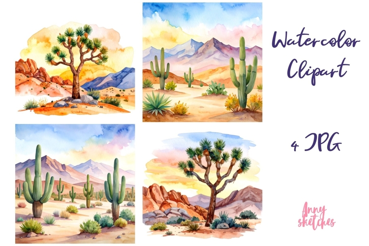 Desert Scene with Cactus & Joshua Tree California Clipart