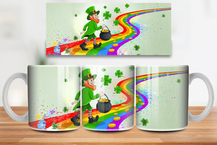 Leprechaun on Rainbow Road with Gold Mug Wrap PNG Sublimatio
