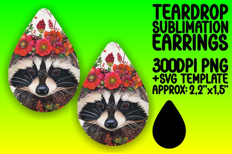 Raccoon with Flowers Teardrop Earrings for Sublimation example image 1