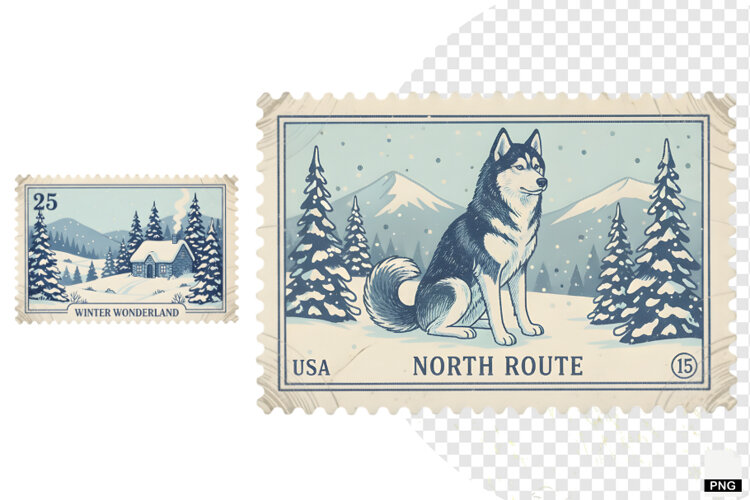 Vintage Winter Postage Stamps Clipart example image 1