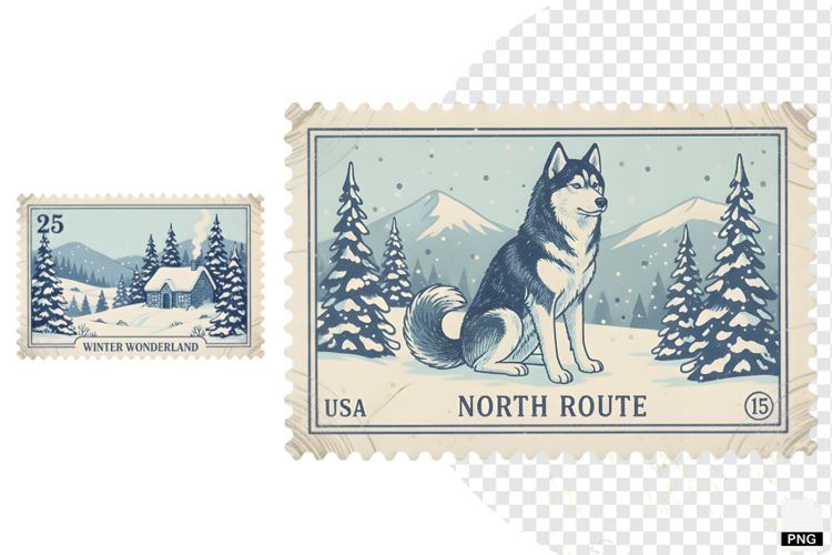 Vintage Winter Postage Stamps Clipart