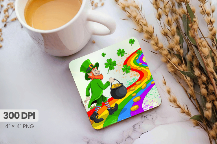 Leprechaun on Rainbow Road with Gold Square Coaster PNG Subl