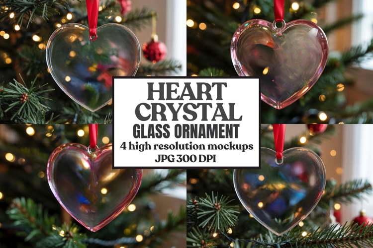 Christmas Heart Crystal Glass Ornament Mockup | Clear Heart