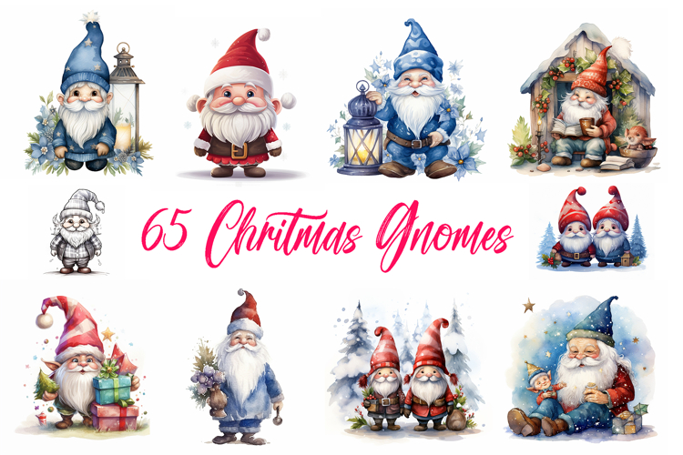 65 Christmas Gnomes Illustration Clip Art Collection