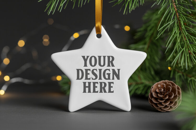 Christmas Star Ceramic Ornament Mockup | Cozy Boho Holiday D example image 1