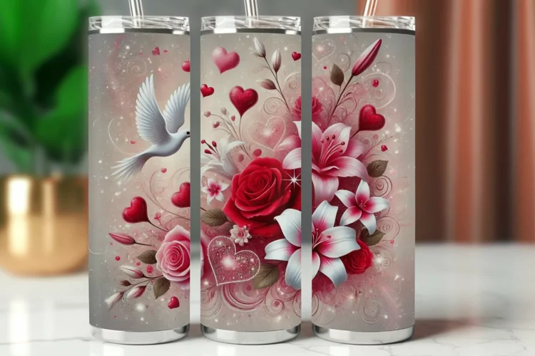 Valentine Tumbler Wrap 20 oz - roses with dove