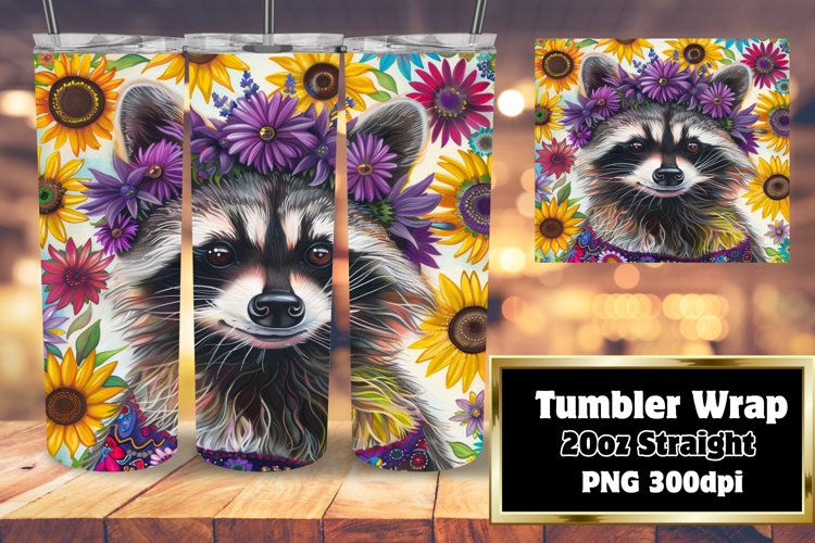 Vibrant Raccoon & Flower Design Wrap for Tumblers