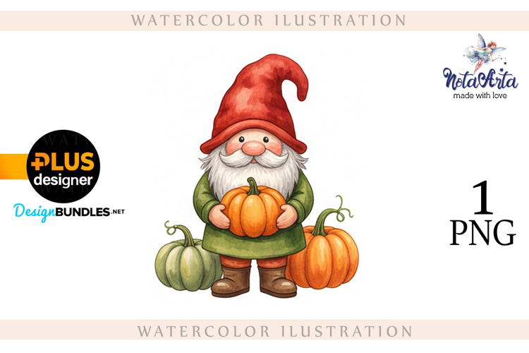 Gnomes with Pumpkin Harvest in Watercolor Style