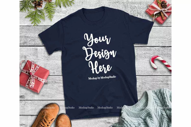 Christmas Navy Shirt Mockup Gildan 64000 T-Shirt Display