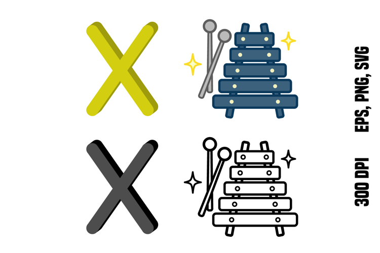 Letter X and Xylophone. Color and Line