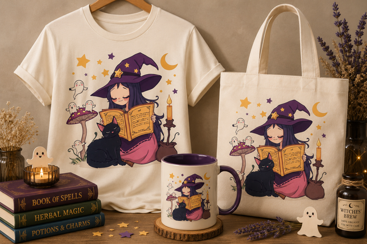 Cute Witch Reading Book PNG | Halloween Witch Clipart