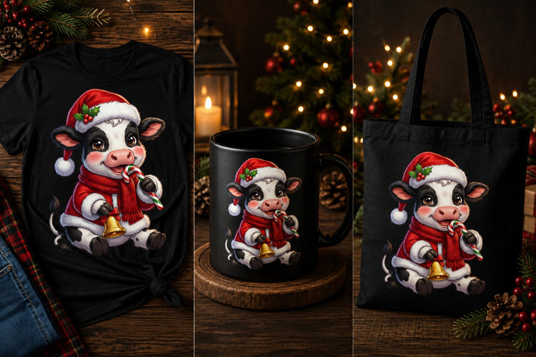 Cute Christmas Cow PNG Santa Candy Cane Holiday Clipart