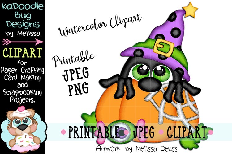 Pumpkin Witch Spider Watercolor Clipart - JPEG PNG File example image 1