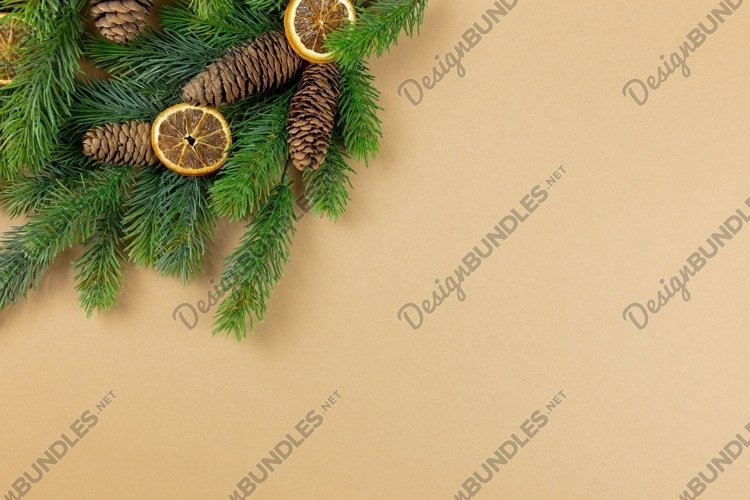 Christmas tree branches on paper background. Flat lay photo. example image 1
