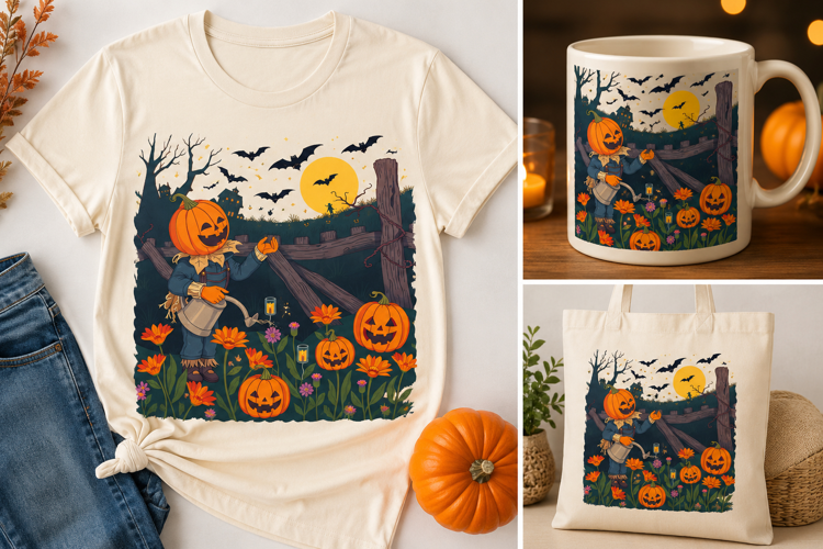 Halloween Pumpkin Scarecrow PNG | Bats, Moon & Pumpkin Patch