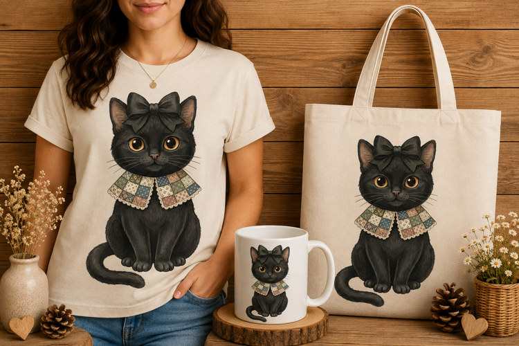 Cute Black Cat Patchwork Collar Bow Illustration Art