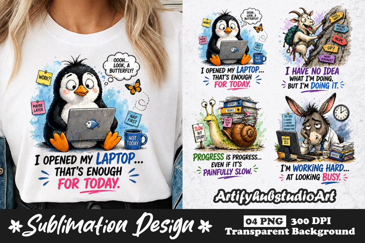 Funny Work From Home Sublimation Lazy Penguin & Donkey PNG example image 1