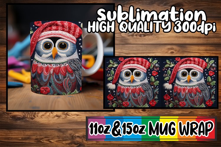 Christmas Owl Wrap Embroidered 11oz 15oz Mug Sublimation