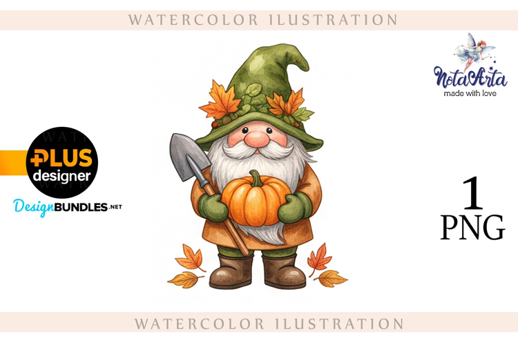 Gnomes with Pumpkin Harvest in Watercolor Style