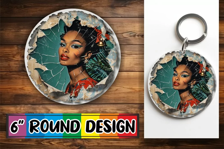 Keychain Winter Holiday Round Design Woman Portrait