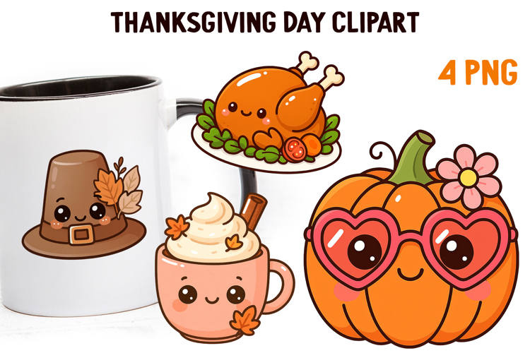 Cute Kawaii Thanksgiving Clipart | Fall Pumpkin Turkey PNG