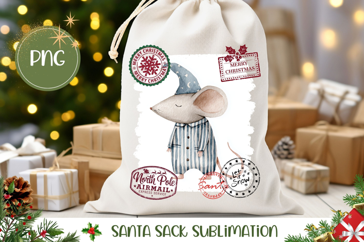 Cartoon Christmas Mouse Santa Sack Design, Kids Gift Bag