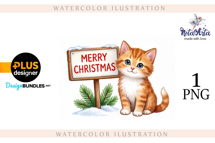 Christmas Kitten in Watercolor Style