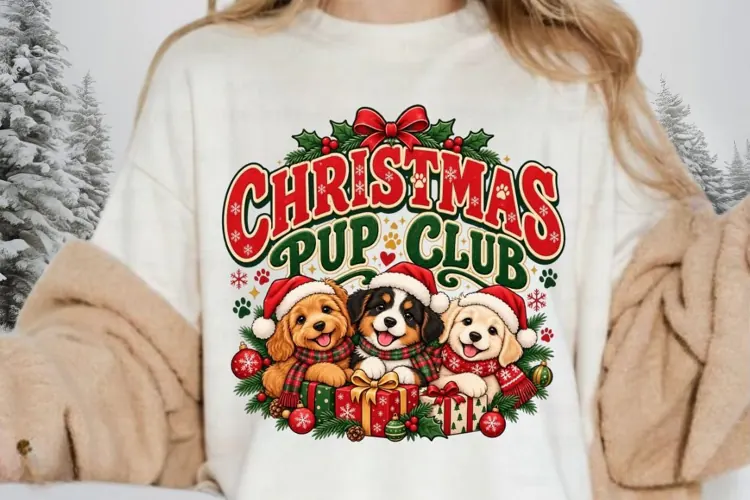 Christmas Puppy Club Illustration, Cute Festive Puppies