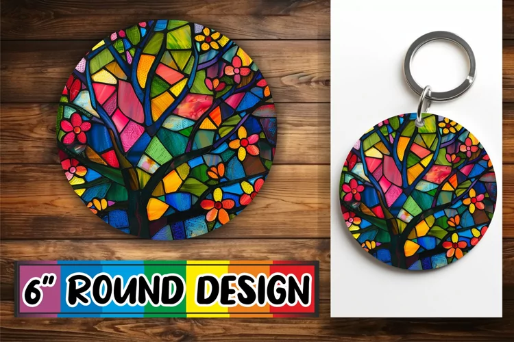 Stained Glass Tree Keychain Sublimation Colorful Design