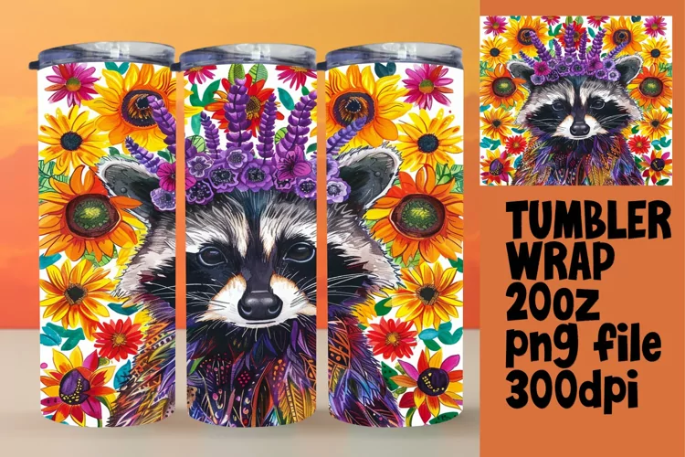 Cheerful Raccoon with Blooms Tumbler Wrap 20oz