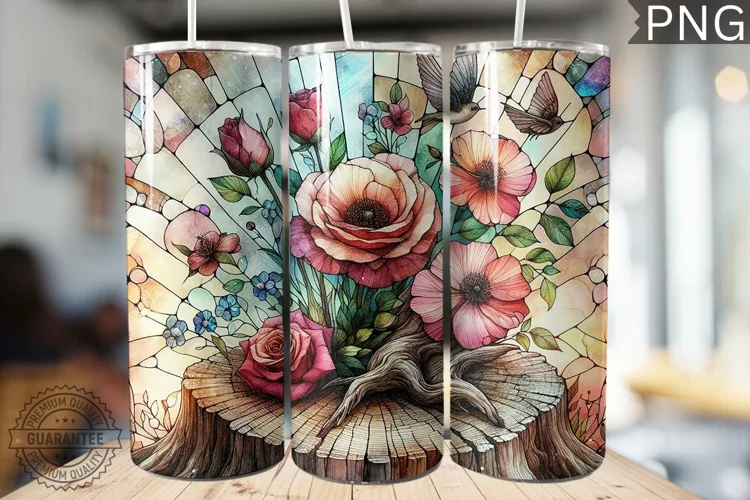 Watercolor Flower Wooden Stump Tumbler - High Quality 3Dpi