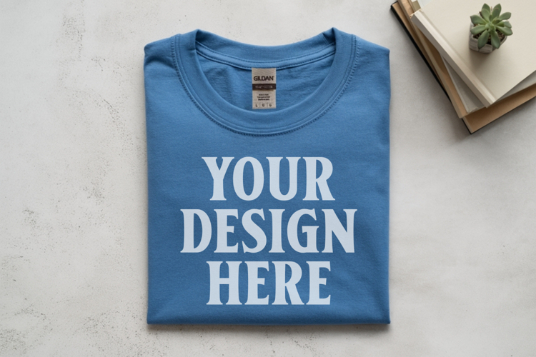 Carolina Blue Gildan 5000 Flat Lay Tshirt Mockup, G5000 mock