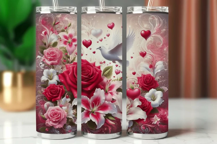 Valentine Tumbler Wrap 20 oz - roses with dove