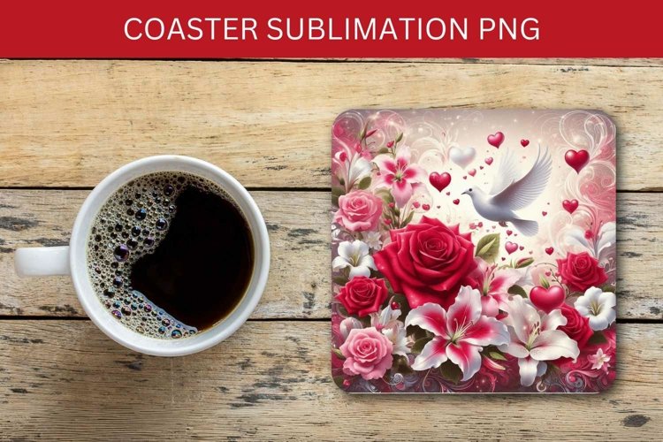 valentine square coaster - roses and dove example image 1