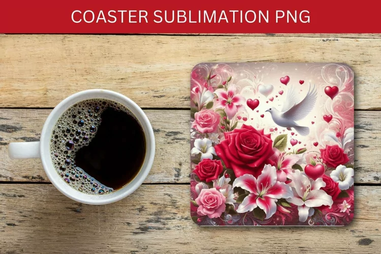 valentine square coaster - roses and dove