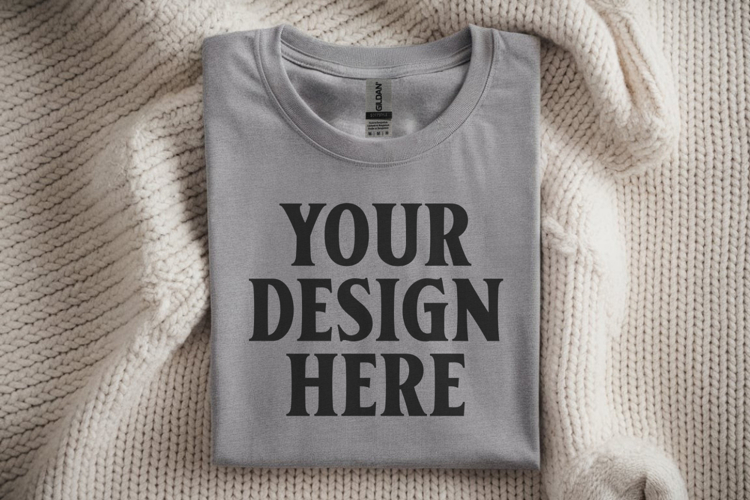 Gildan 64000 Heather Grey Folded Tshirt Mockup