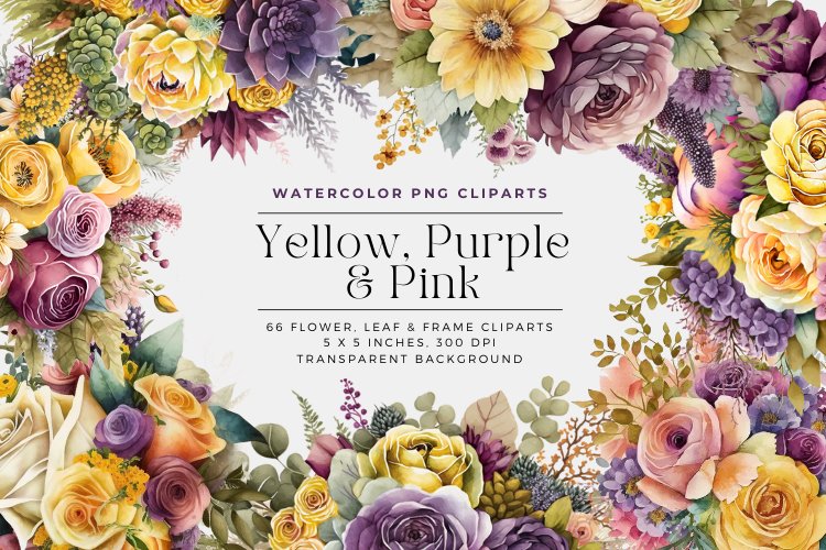 66 Yellow, Purple and Pink Watercolor Flowers Clipart PNG example image 1