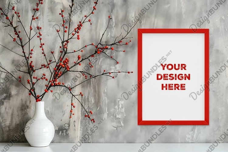 Frame mockup on grunge industrial wall with vase and flowers example image 1