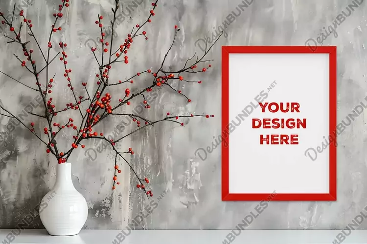 Frame mockup on grunge industrial wall with vase and flowers