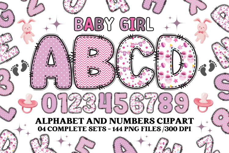 Baby Girl Alphabet, baby girl letters doodle, baby clipart