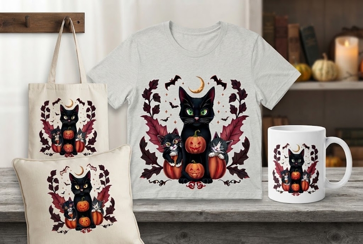 Halloween Black Cat Family PNG | Pumpkin Kitty Clipart