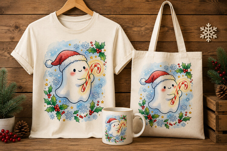 Cute Ghost Wearing Santa Hat Holding Candy Cane Art Print example image 1