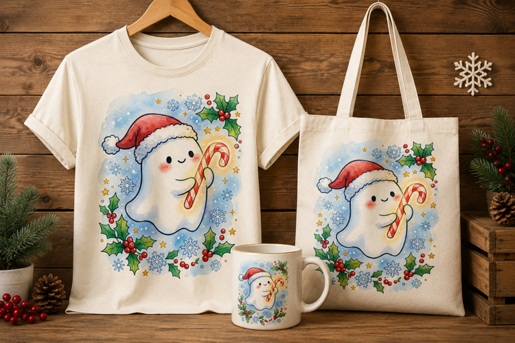 Cute Ghost Wearing Santa Hat Holding Candy Cane Art Print