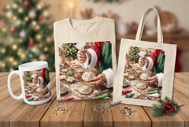 Santa Decorating Christmas Cookies Watercolor Art