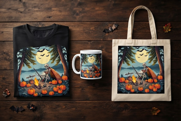Skeleton Fishing Camping Halloween Design with Pumpkins